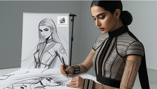 Mujer pintando un cuadro con lapiz un manga en libreta con papel de dibujo.