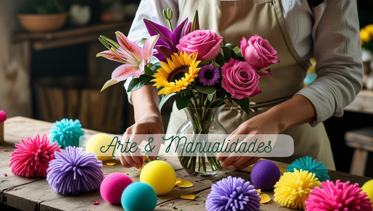 Persona creando arreglos florales con flores frescas y pompones sobre la mesa, combinando técnicas de floristería y manualidades. Perfecto para decoración, eventos y actividades creativas para niños. | A person crafting floral arrangements with fresh flowers and pompoms on the table, blending floristry and craft techniques. Ideal for décor, events, and creative activities for kids.