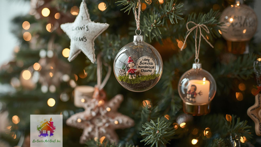 Handmade Christmas tree ornaments: felt stars, transparent balls with wishes, mini terrarium decorations, painted clay figures, and LED candles with ribbons.